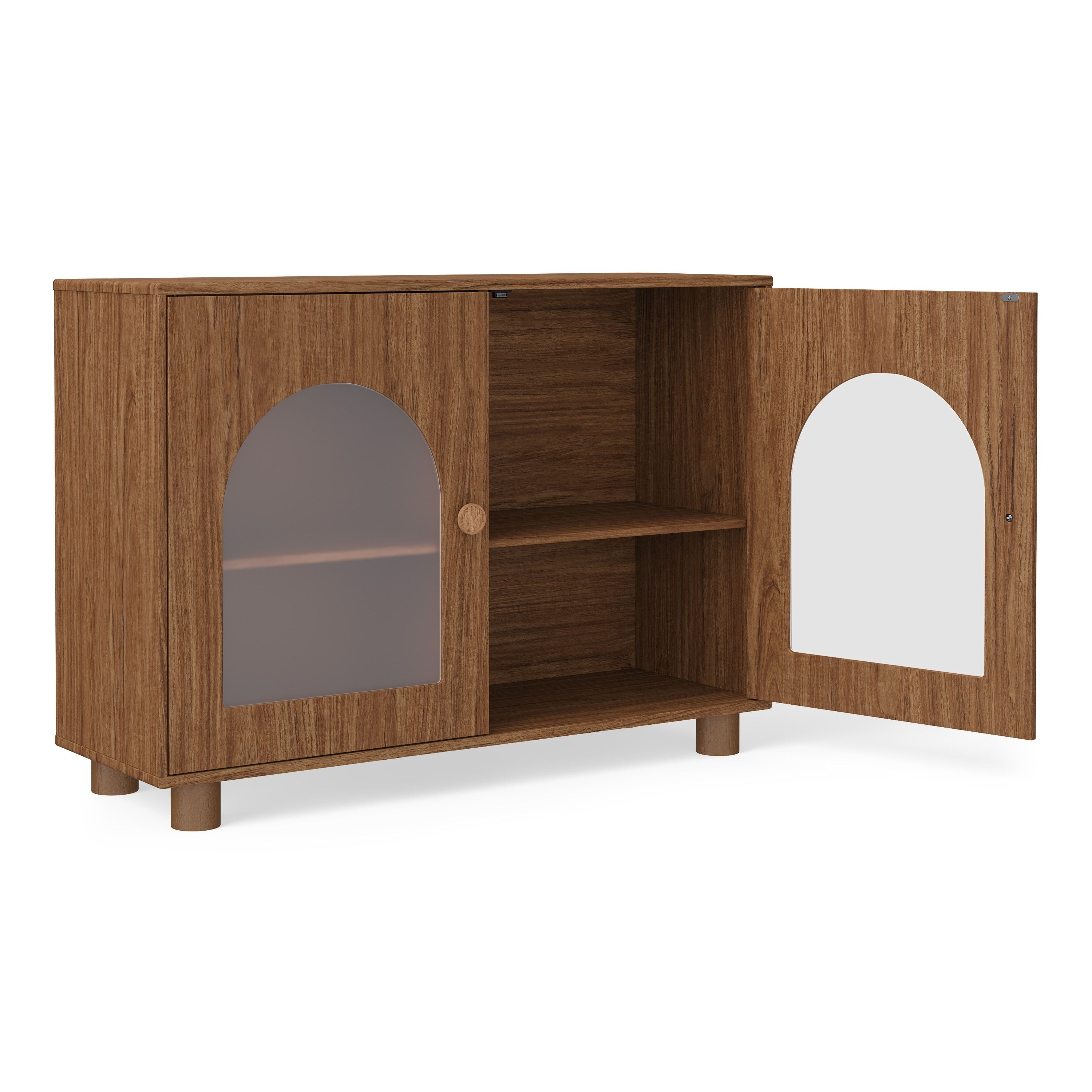 Mainstays Kids Arched Storage Accent Cabinet with Acrylic Doors, Warm Walnut
