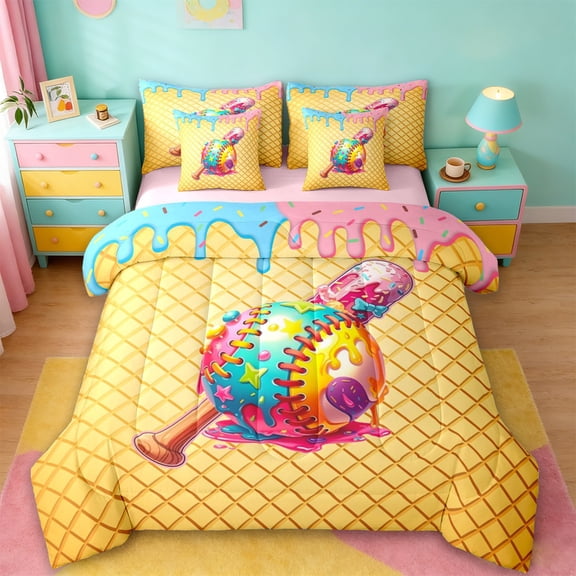 Erosebridal Colorful Cartoon Baseball 7-Piece Twin Bedding Sets,Watercolor Ice Cream Drip Bedding Comforter Set For Kids Boys,Reversible pink
