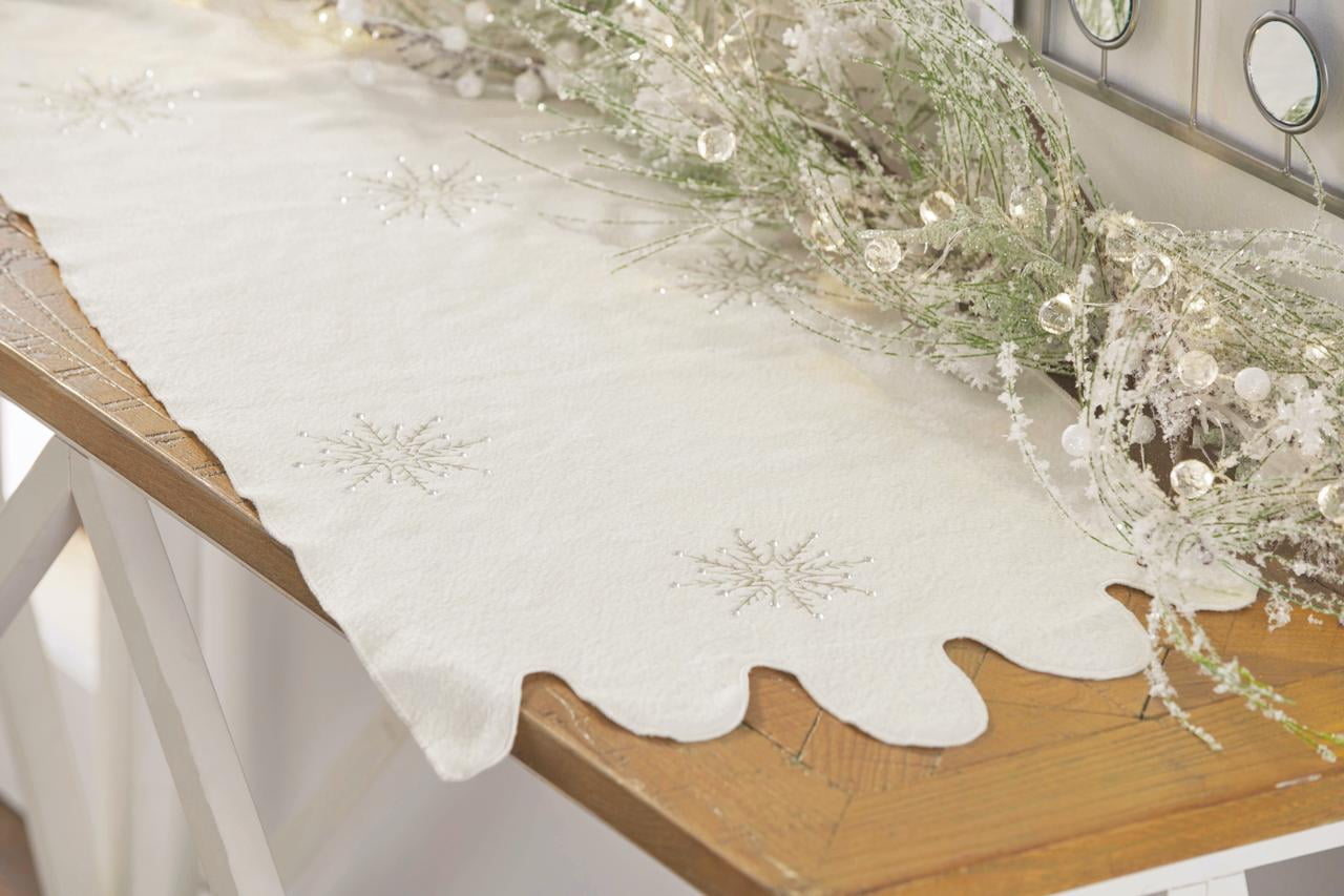 White Embroidered Holly and Ribbon Table Runner