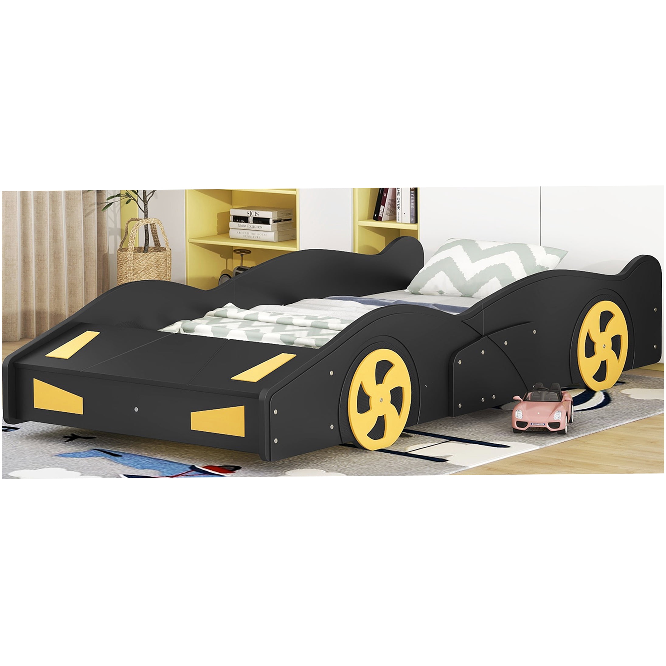 Twin Size Race Car Bed Frame with Storage & Wheels, Black & Yellow Modern Platform Bed