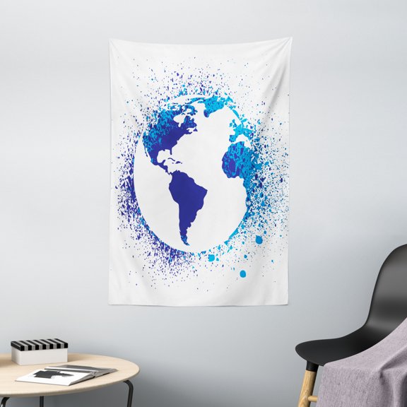 Grunge Tapestry, Globe with Ink Splatter Illustration Color Splashes All over World Map Continents, Wall Hanging for Bedroom Living Room Dorm Decor, 40W X 60L Inches, Blue White, by Ambesonne