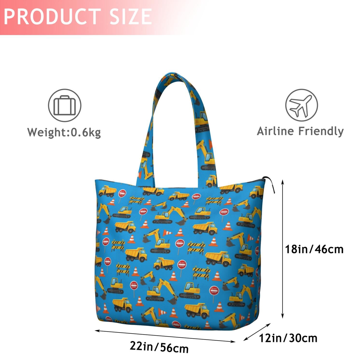Cartoon Construction Vehicles Road Cones Travel Tote Bags for Women Carry On,Large Weekender Bags for Women Travel,Multi Functional Duffle Bag for Work,Shopping,Sports