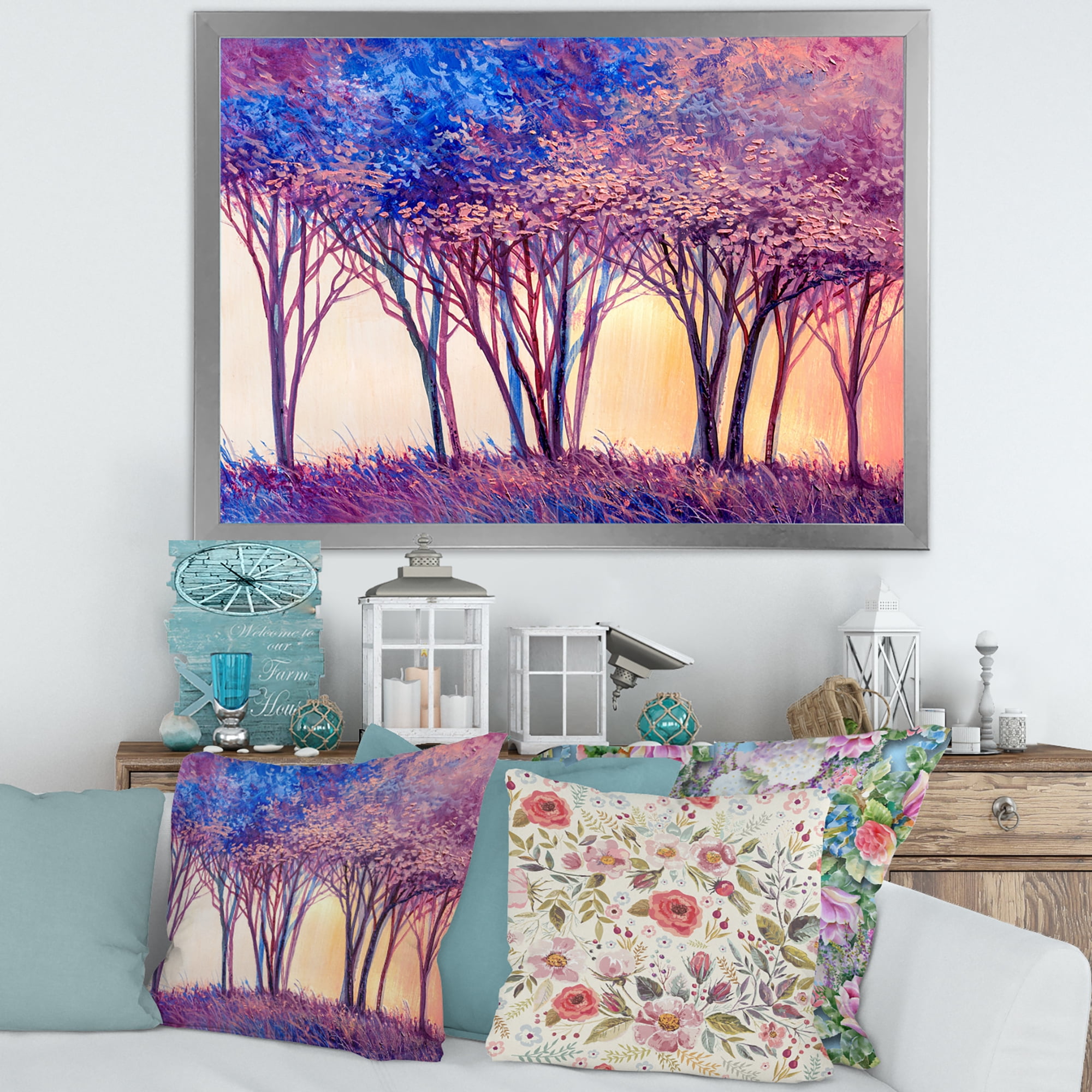 Designart 'Colorful Blue Trees Abstract Forest Landscape' Modern Framed Art Print