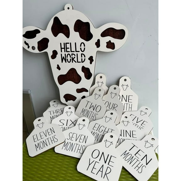 Pegatinas de pared 14 piezas de madera 3D con temática de vaca, marcadores mensuales para bebé, anuncio de nacimiento (blanco), recuerdos S