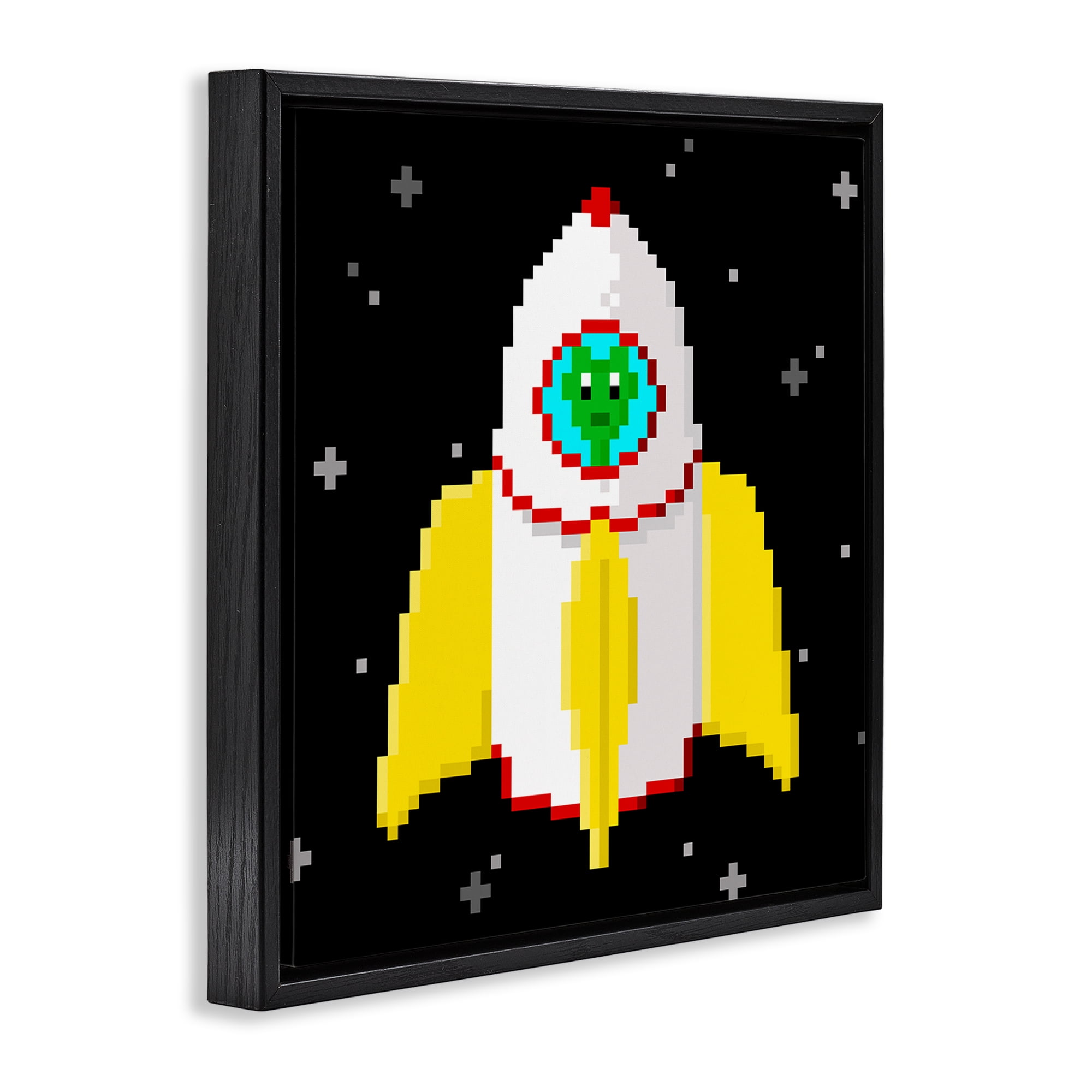 Stupell Industries Pixel Alien in Space Novelty & Humor Painting Black Floater Framed Canvas Art Print Wall Art, 18 x 18
