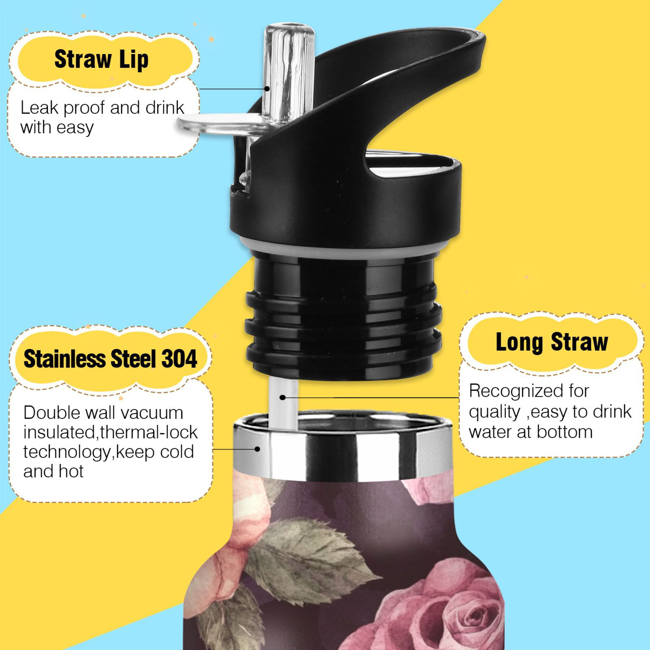 600ML Stainless Steel Insulated Cup Sports Water Bottle Portable Thermos Cup Water Glasses Insulated Tumblers Convenient and Durable Maroon Roses Seamless