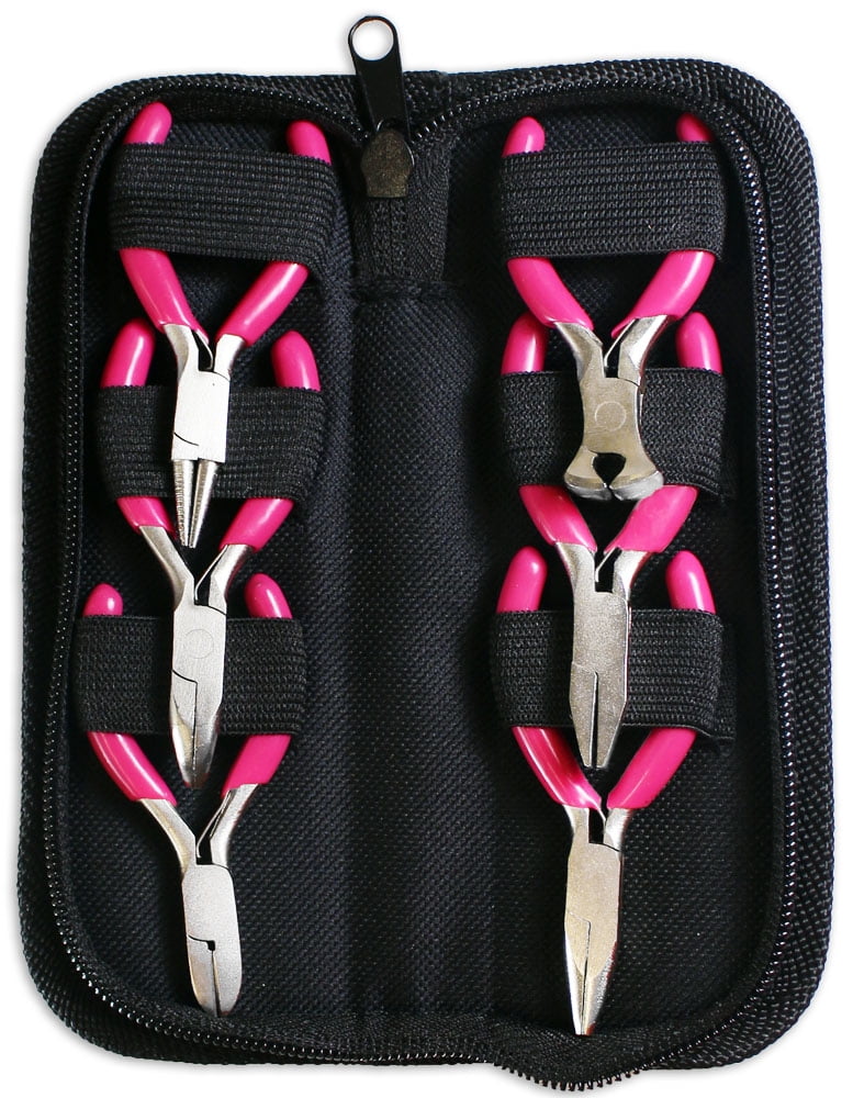 ToolUSA 6 Piece Mini Plier Set With Pink Vinyl Handles In A Neat Zipper Case - TJ-JEWPLR-YW