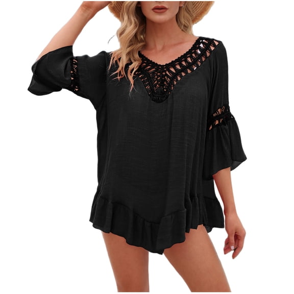 Beach Cover Ups for Women, Womens Beach Cover Ups Short Sleeve Mesh Swimsuit Coverup Summer Outfits Tropical Vacation Resort Wear for Women 2026