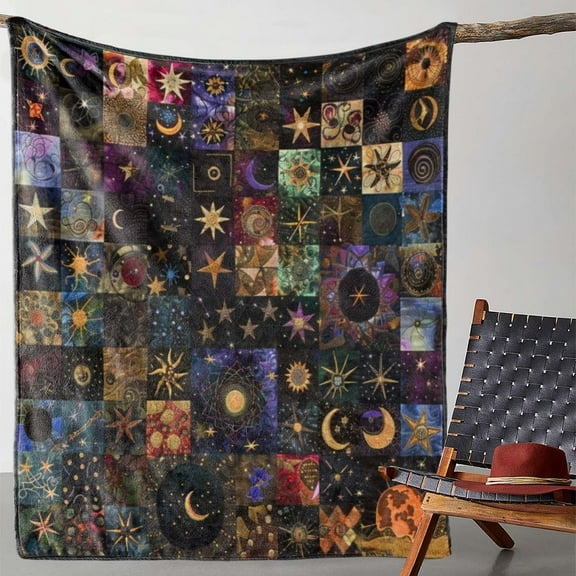 Vintage Style Flannel Fleece Blanket, Star and Moon Print Patchwork, Soft Cozy Warm Throw for Sofa Bed Couch Car Office Camping Travel, All-Season Gift Blanket
