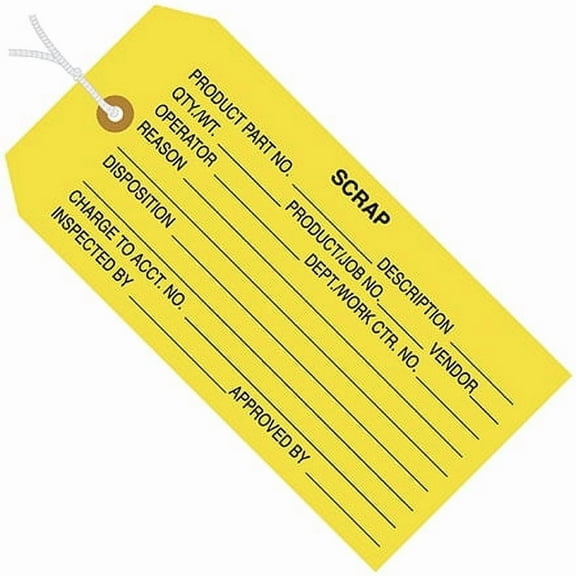 4 3/4 x 2 3/8" 'Scrap' Inspection Tags Pre-Strung, Yellow 1000/Case