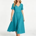 thumbnail image 6 of ClodeEU Women's V Neck Short Sleeve Linen Blend Midi Dress,Casual Tunic Flowy Dress Sky Blue,Women's Plus XL, 6 of 9
