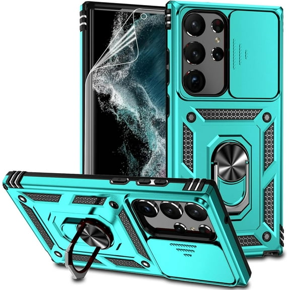 for Samsung Galaxy S23 Ultra Case with Slide Camera Cover HD Screen Protector [Military Grade Drop Tested] Magnetic Ring Holder Kickstand Protective Phone Case for Samsung Galaxy S23 Ultra 2023, Mint