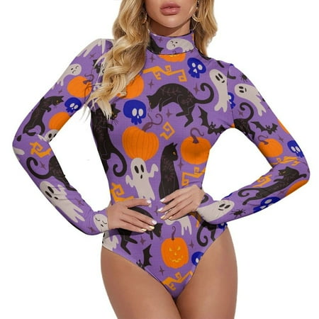Long Sleeve Bodysuit for Women Halloween Black Cats Turtleneck Bodysuits Tops Jumpsuit Tummy Control  Fall Fashion 2024