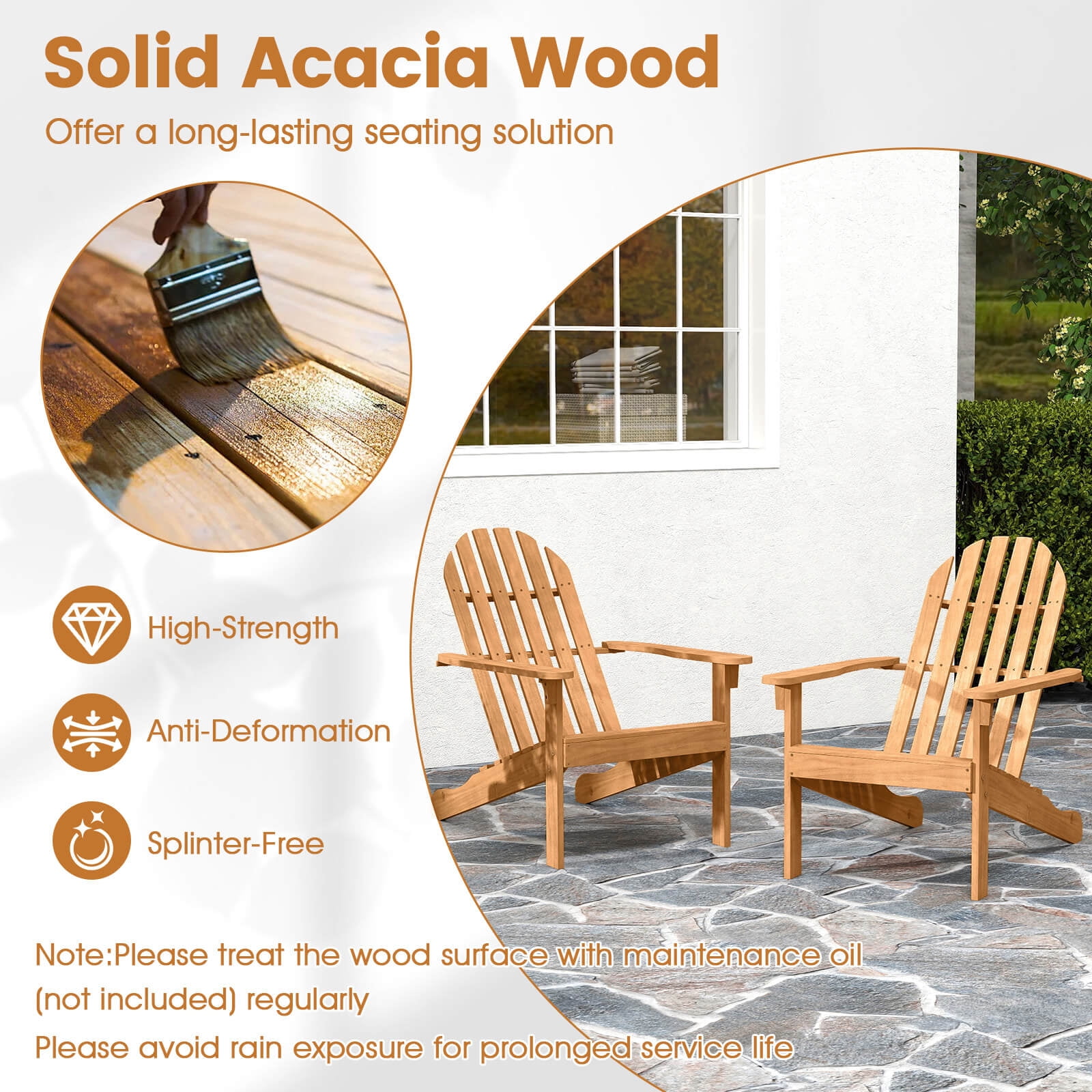 Costway 1 PCS Patio Adirondack Chair with Inclined Seat High Backrest for Porch Backyard Poolside