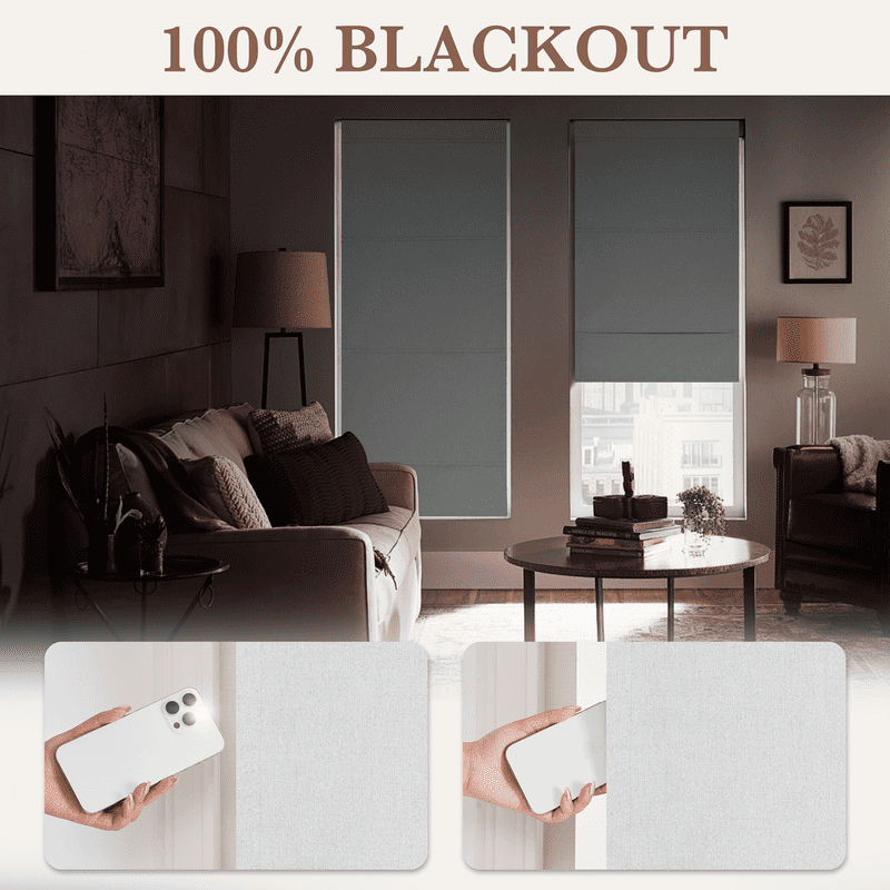 NICETOWN No Drill Blinds for Windows, 100% Blackout Roman Shades Linen Texture Privacy Thermal Insulated Door Curtain for Bedroom Living Room, Greyish White, 24"x72", 1 Panel