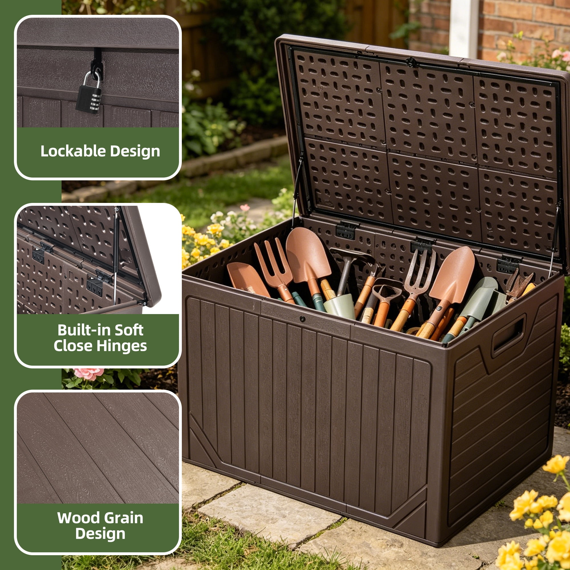 Uforic 230 Gallon Extra Large Resin Deck Box, Lockable Waterproof Outdoor Storage Bin, Weatherproof Patio Container for Patio Cushions, Garden Tools and Pool Supplies, Brown