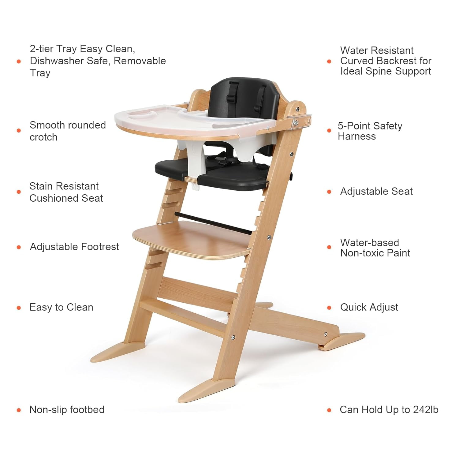 Cowiewie Wooden High Chair with 3 Tray, Toddler Feeding High Chair, 8 Height Adjustments, with Black Cushion and Harness
