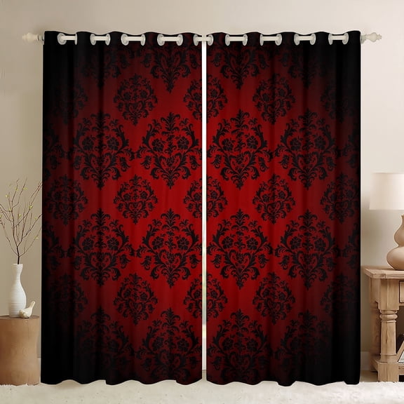 jejeloiu Damask Print Curtains Pack of 2 (42x84 Each),Gothic Flower Curtains Blackout,Black Red Bedroom Curtains,Breathable Bedroom Decorative