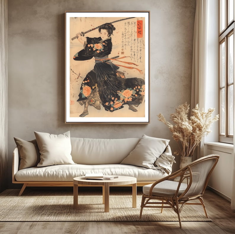 Female Samurai Wall Art Japanese Warrior Onna Bugeisha Katana Print Ukiyo-e Style Zen Decor Poster 12x18 UNFRAMED