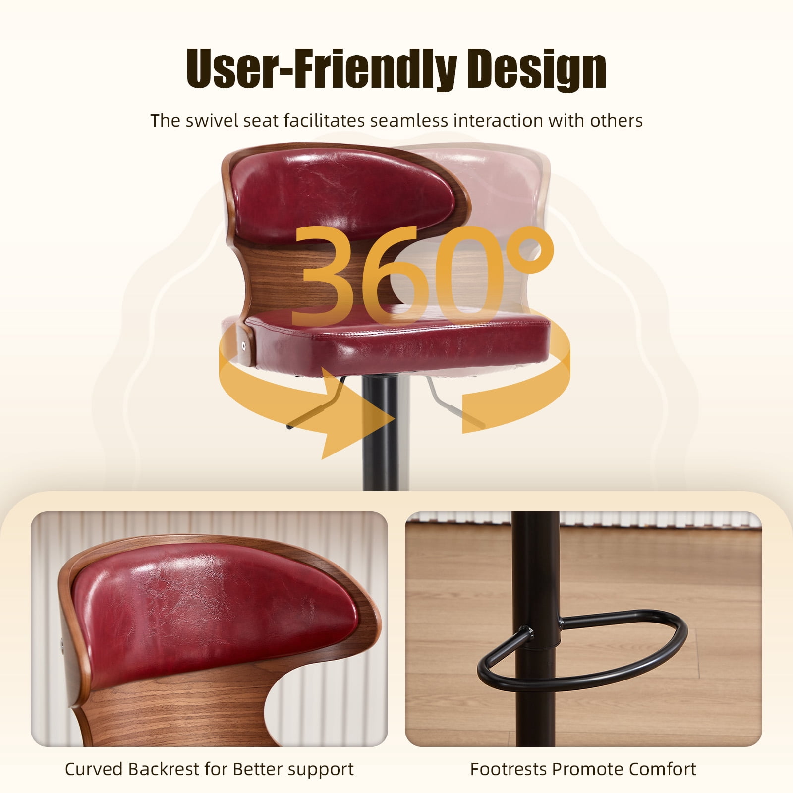 MOONMISS Swivel Bar Stools Set of 2, Wooden Kitchen Bar Chairs with Back, PU Leather Counter Height Barstools for Kitchen Island,Wine Red