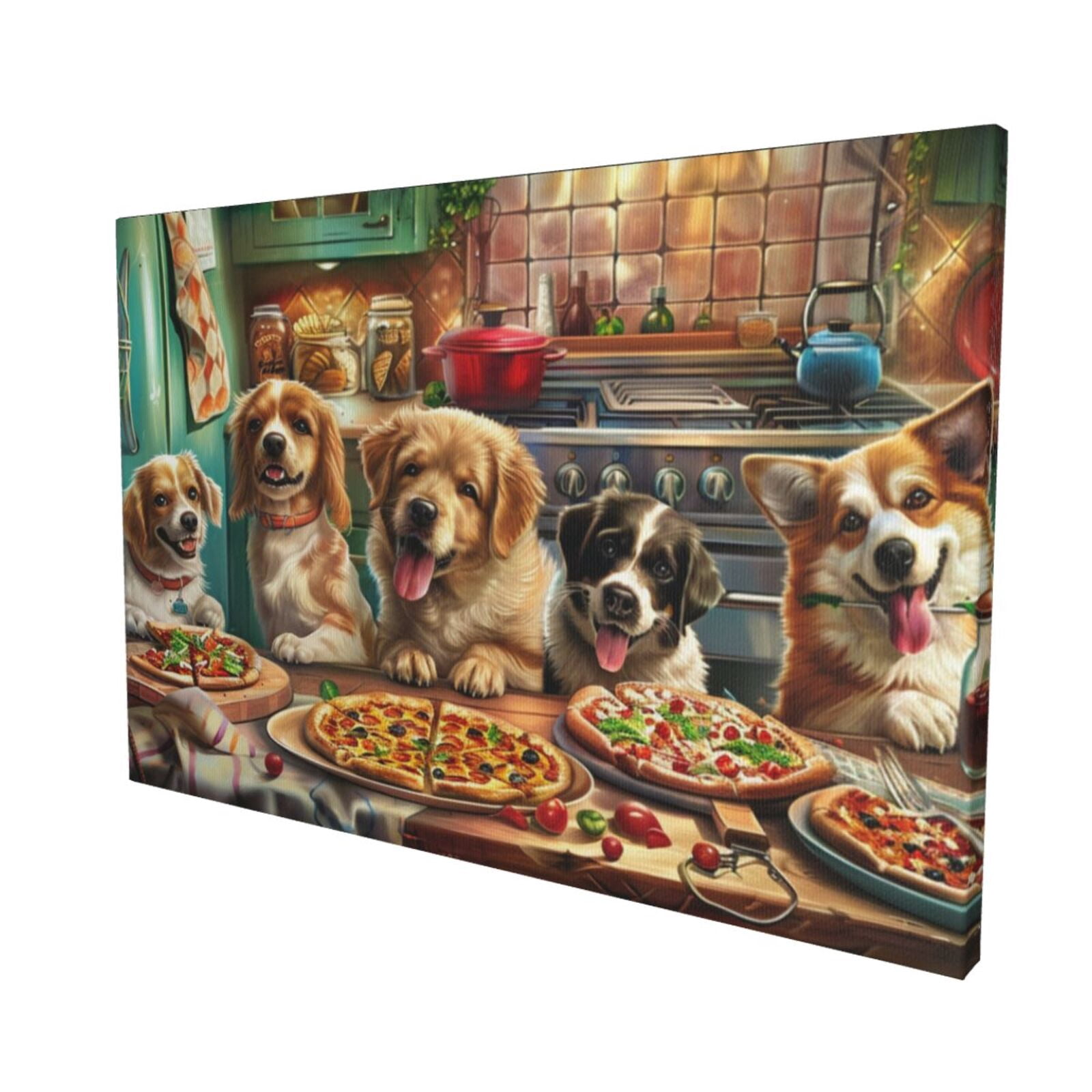 16x24 inch Paintings On Canvas Dogs Eat Pizza Picture,Funny Pizzeria Decor Accessory,Family Kitchen,Man Cave,Lounge,Bar Wall Decor Art Prints,Classic Dogs Eat Pizza Hanging Picture Decor Gift