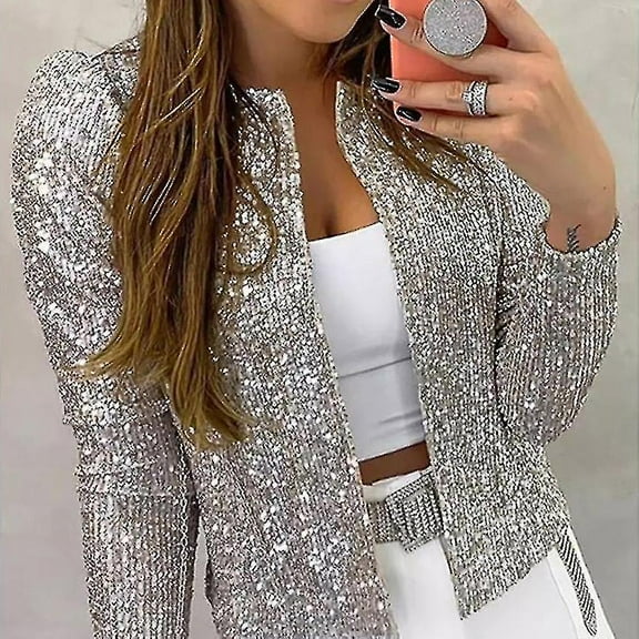 2Xl;Silver Women'S Cardigan Long Sleeve Shiny Sequin Coat Open Front Casual Female Jacket