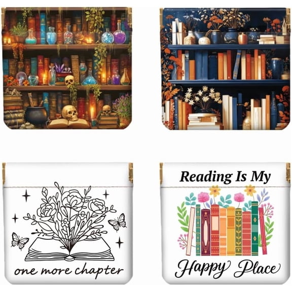 4Pcs Small Leather Squeeze Coin Purse for Women-Bookshelf and Books Pattern Waterproof & Durable Change Pouch Mini Money Wallet Best Gift for Adult Girls
