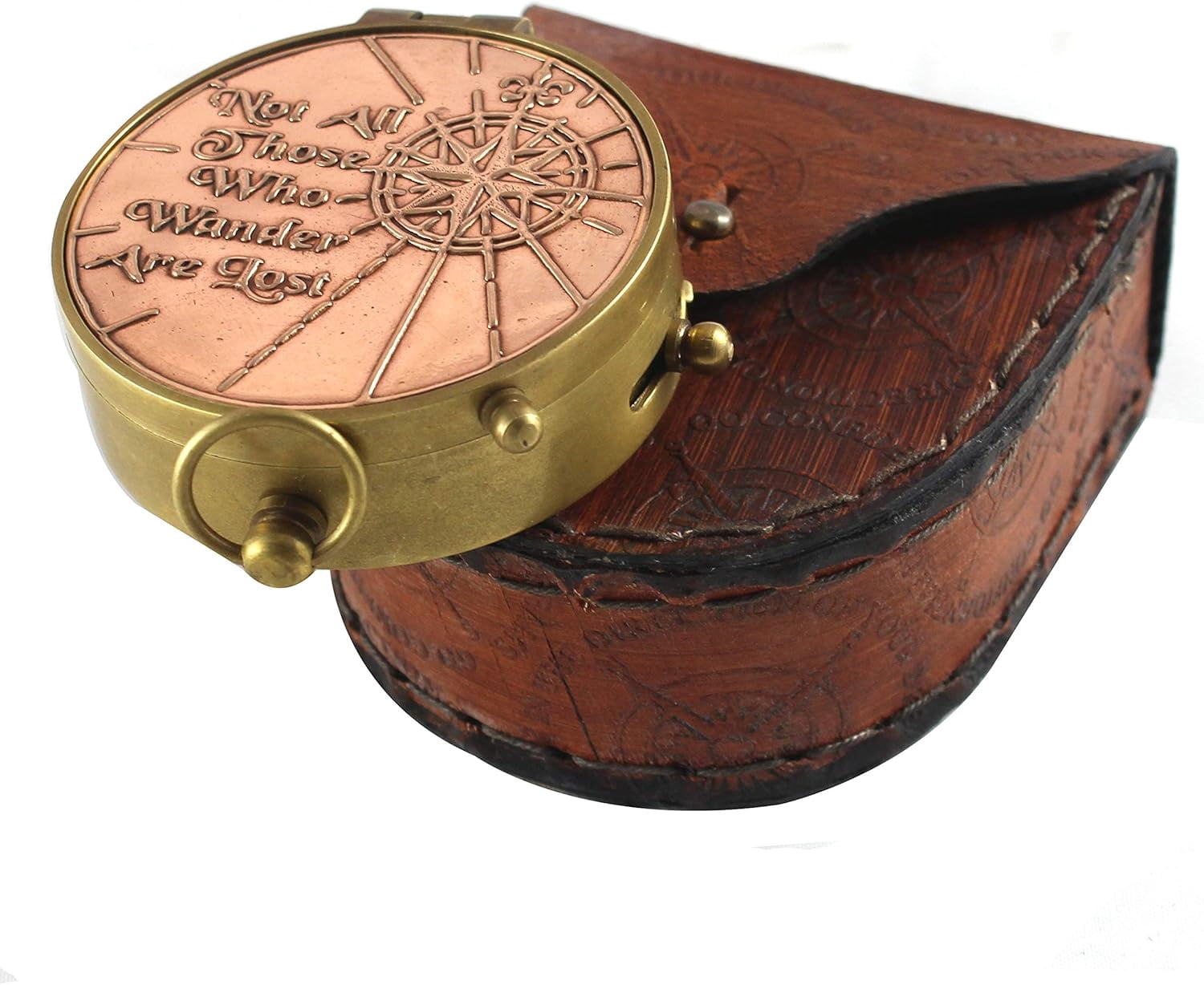 Nautical Victorian Marine Binocular Leather Case Brass Copper Quote Compass Stylish Handmade Orange Brass Pocket Compass Portable Leather Cover gift