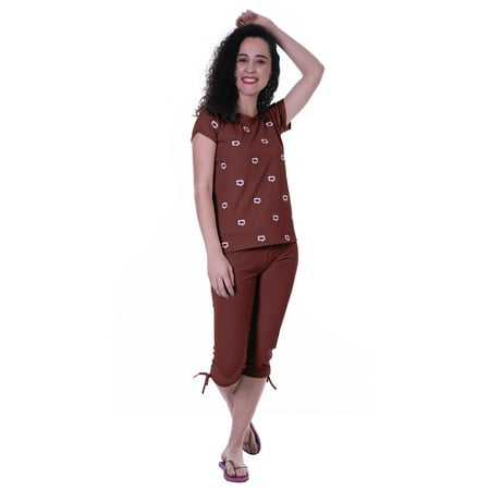 

Moomaya Nightwear Set Embroidered Lips Top Solid 2 Piece Nightwear Capri Cotton Sleepwear Nightdress
