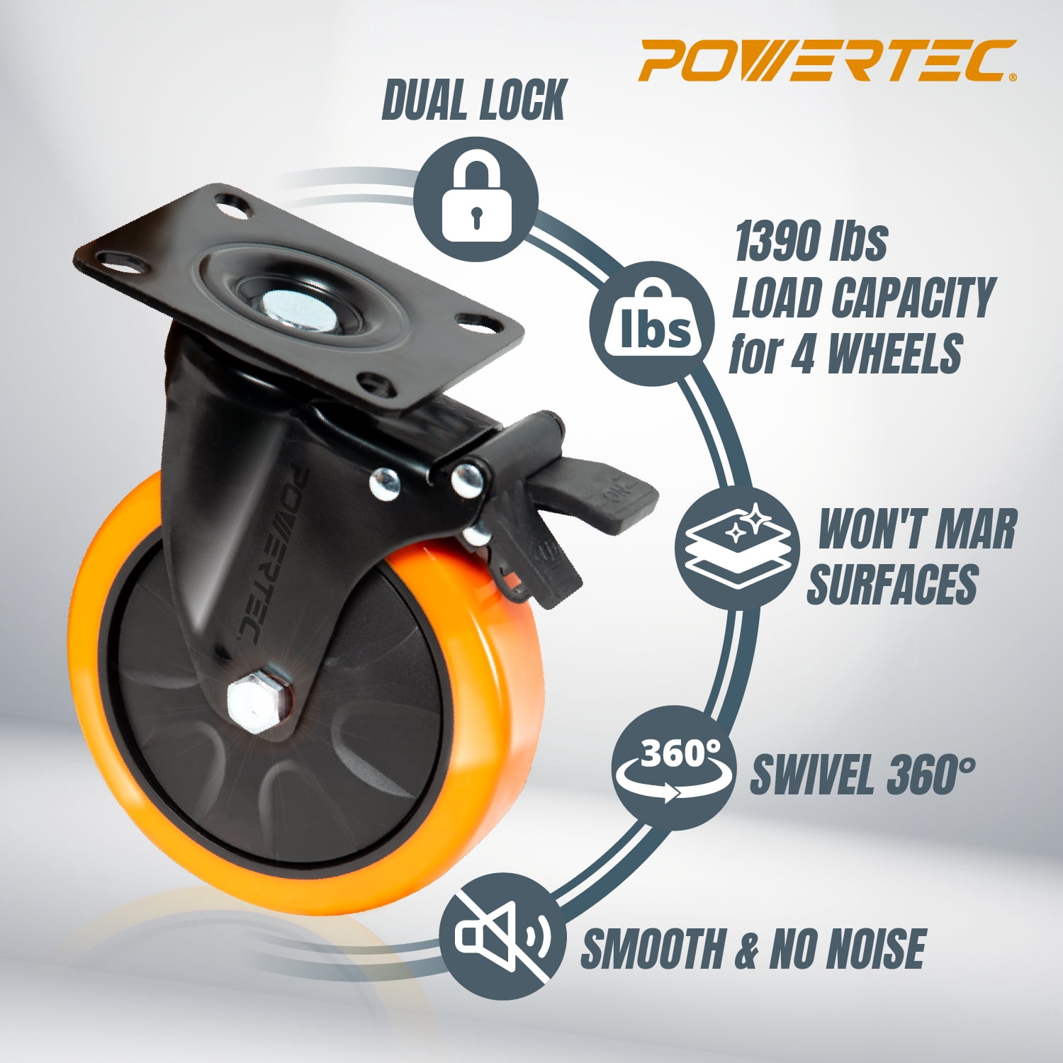 POWERTEC 6 inch Swivel Caster Wheels Set of 4 with Dual Locking Brake - 1390 lbs Loads Heavy Duty Industrial Grade - Ideal for Heavy Equipment, Automotive Workshop, Cart, Dolly and Workbench, 17216N