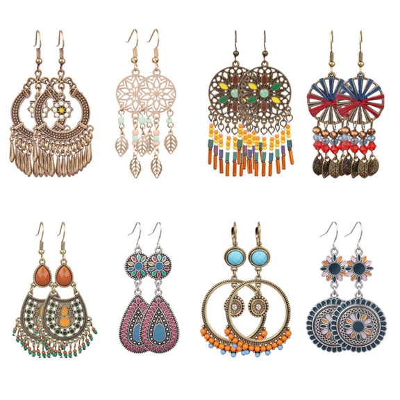 batmeuy 1 Pair Beads Multicolor Shiny Drop Earrings Bohemian Hollow Vintage Hook Earrings Party Jewelry