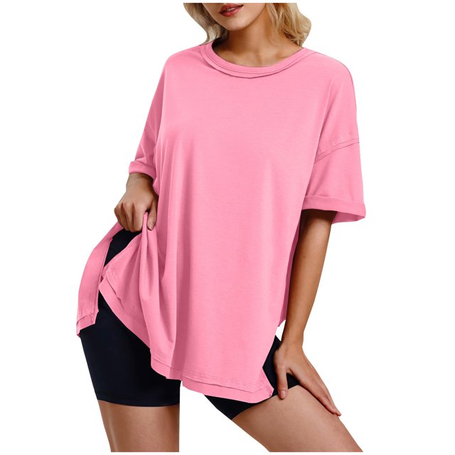 Diufon Hauts Oversize pour Femmes Printemps Été Manches Courtes Chandail à Enfiler Col Ras du Cou Chemises Décontractées Amples Blouse Fendue