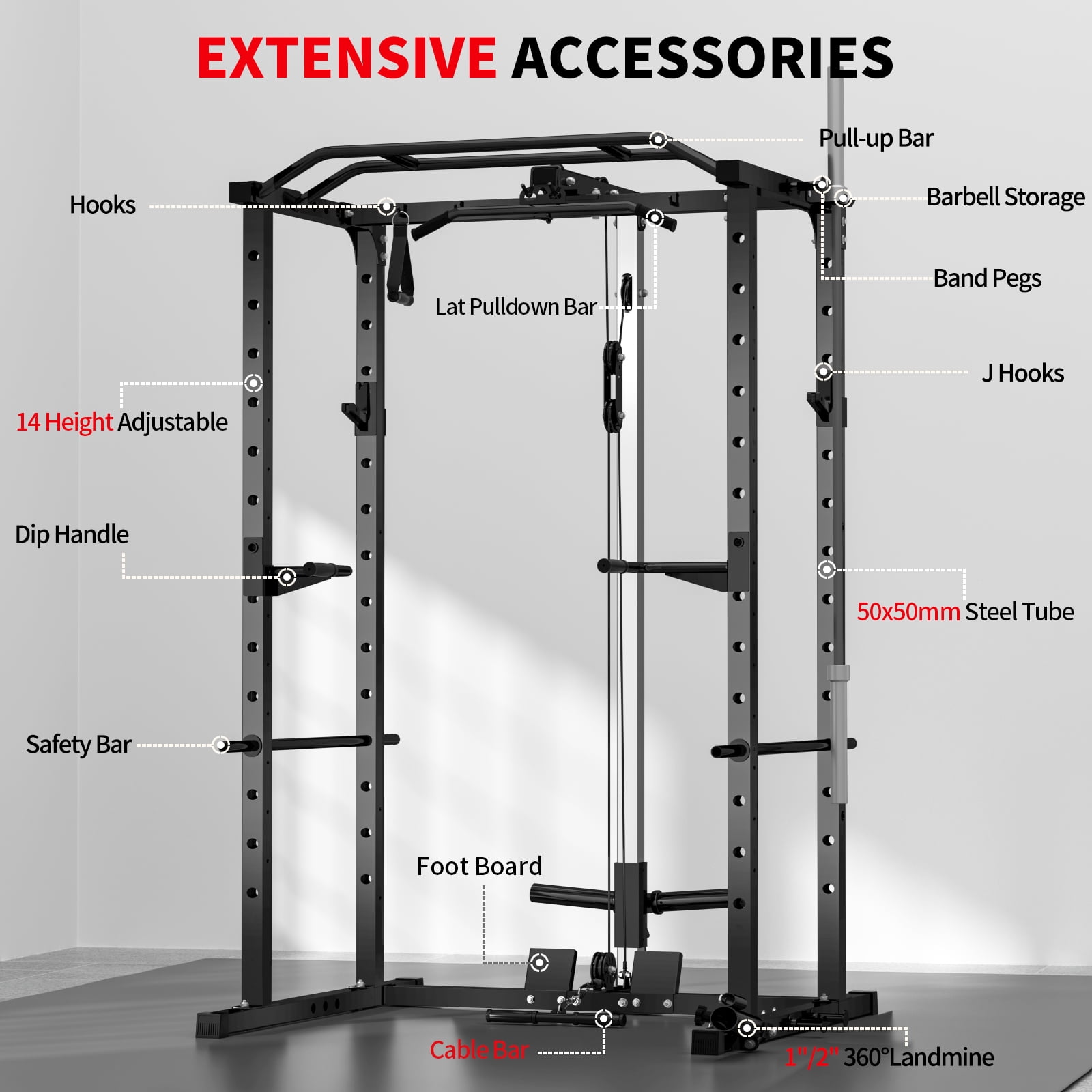 BOGYKIK H30 BASE Power Rack with LAT Pulldown, 2000 lb Power Cage with Cable Pulley System, Pull-Up Bar & Attachments, Black