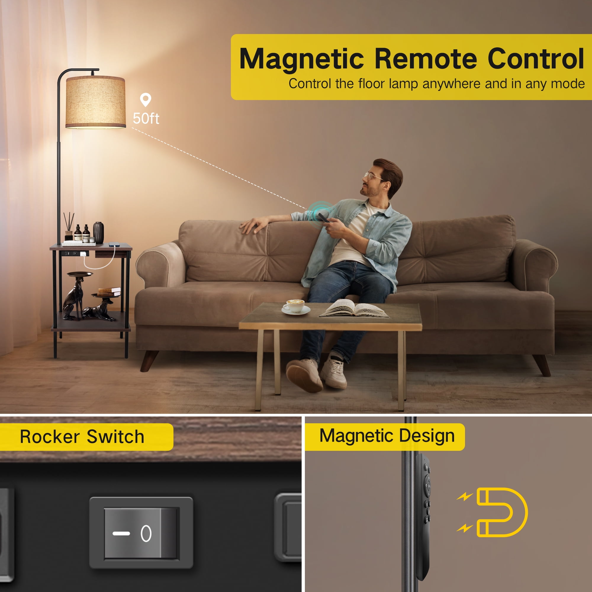 OUTON Floor Lamp with Table, End Table with Lamp for Living Room with USB & Type C Charging Port, Dimmable Lamps for Nightstand Attached for Bedroom, Walnut
