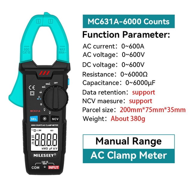 Multímetro digital Mileseey NCV Medidor de voltaje de CA / CC de rango automático Luz de flash Luz trasera Medidores de abrazadera de pantalla grande Tan Jianjun unisex