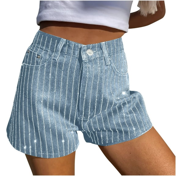 AherBiu Jean Shorts for Women High Waisted Wide Leg Streetwear Juniors Sparkly Denim Shorts with Pockets