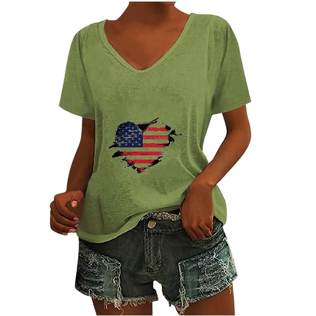 Camisetas Casuales de las Mujeres Gradiente Día de la Independencia Impreso Cuello Redondo, Blusa de Manga Corta para Diario, Fiesta Y Primavera Verano