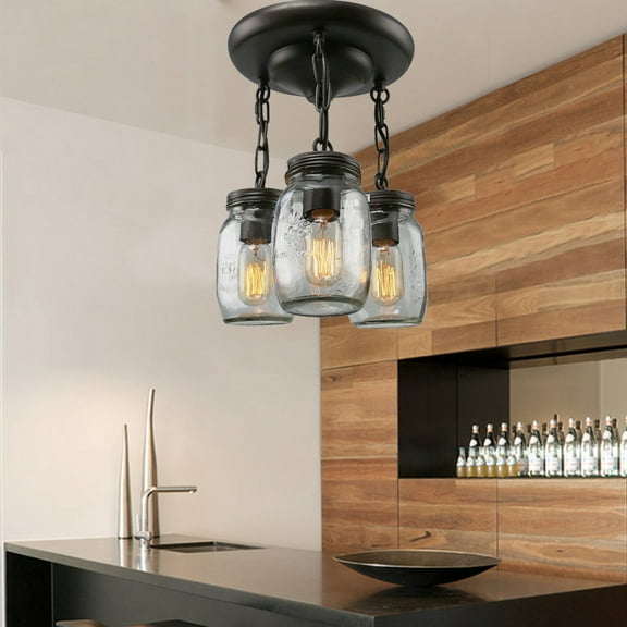 Farmhouse Chandelier Mason Jar Hanging Pendant Loft Light Ceiling Lamp 3-Light (Bulb Not Included)