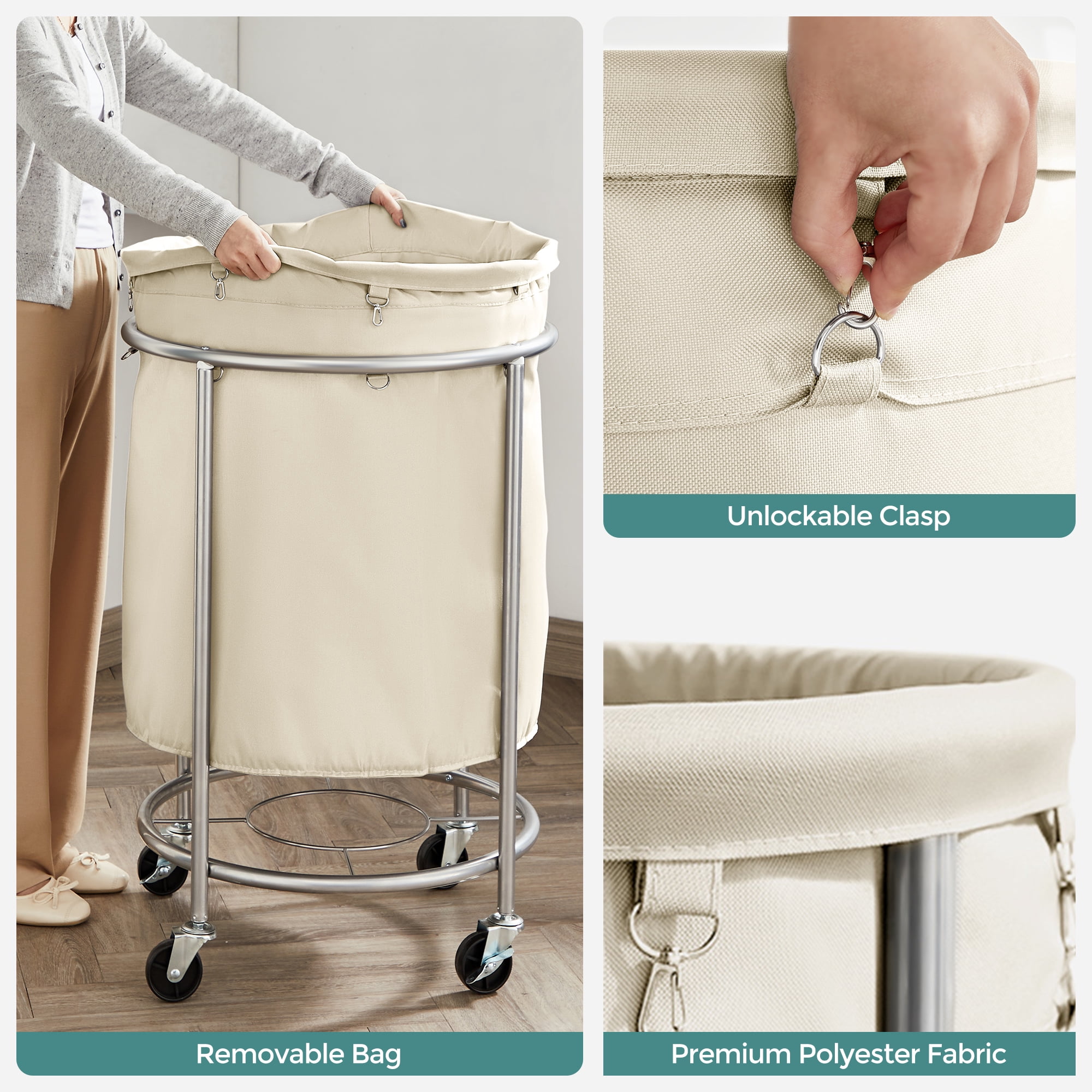 45Gal Round Laundry Sorter Laundry Hamper with Wheels Rolling Laundry Cart with Removable Bag for Laundry Room Cream and Silver