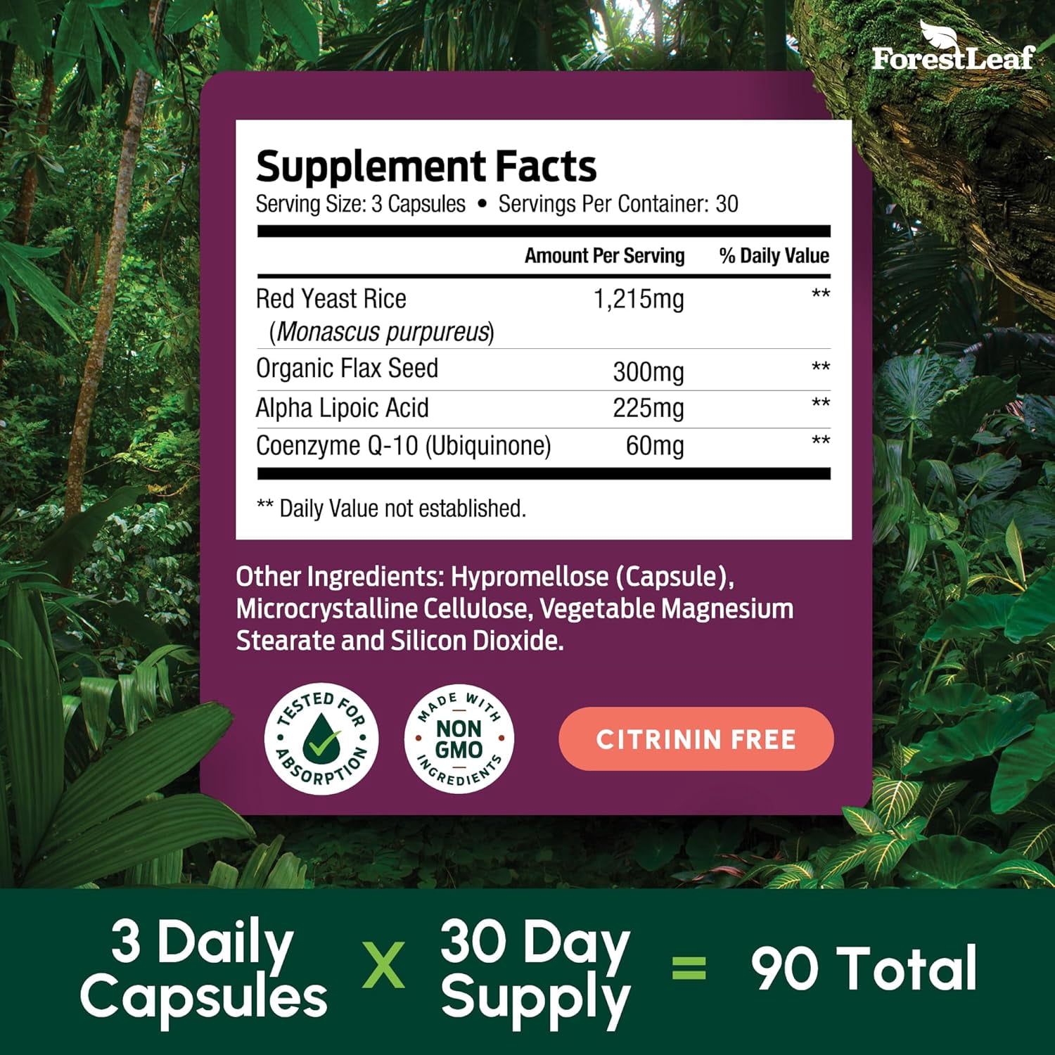 Forest Leaf Red Yeast Rice Supplement with COQ 10, Flaxseed & Alpha Lipoic Acid, 90 Count