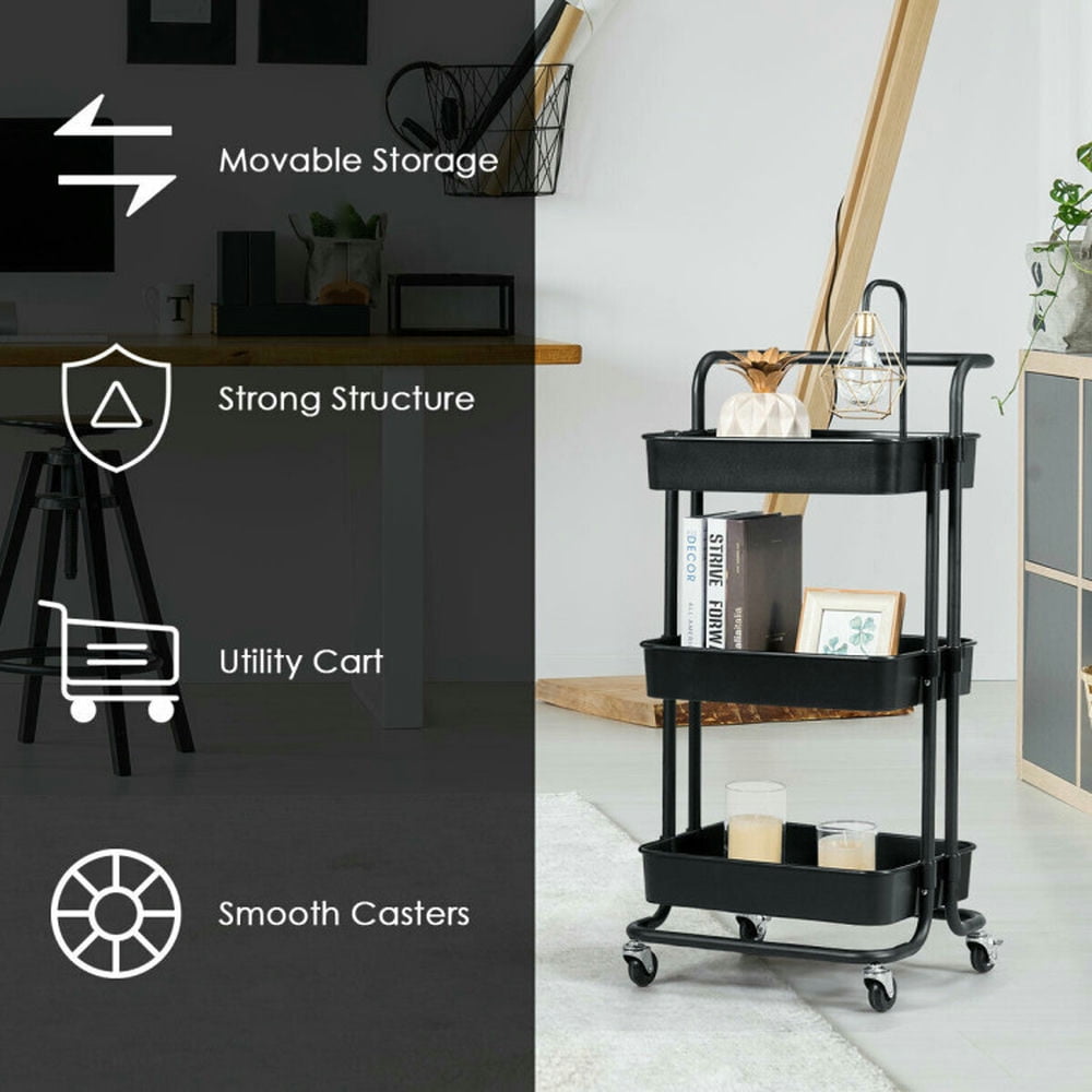 Finihen Rolling Cart, Kitchen Island Cart, 3-Tier Utility Cart Storage Rolling Cart with Casters, for Kitchen, Dining Room, Black Finihen Rolling Cart, Kitchen Island Cart, 3-Tier Utility Cart Storage Rolling Cart with Casters, for Kitchen, Dining Room, Black