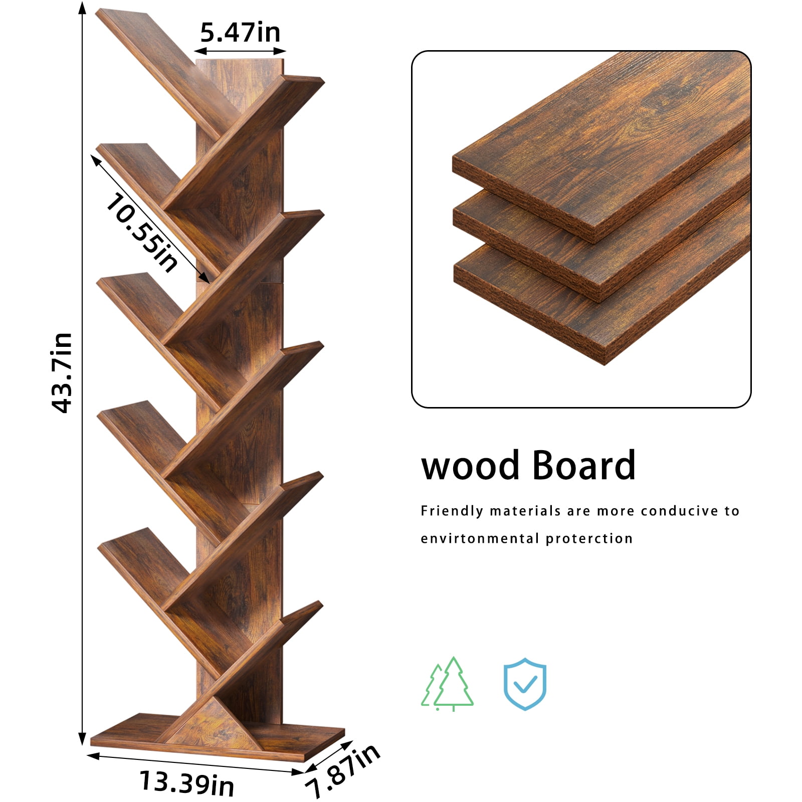 LELELINKY 10-tier Tree Bookshelf, Free-standing Storage Bookcase, Tall Bookshelf, Shelves for Living Room, Home Office, Bedroom, Balcony - Brown