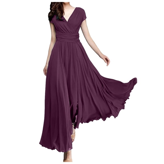 PMVFHDE Womens V Neck Solid Color Short Sleeve Chiffon Waist Closing Evening Dress Bohemian Style Womens Nightgowns Red,L
