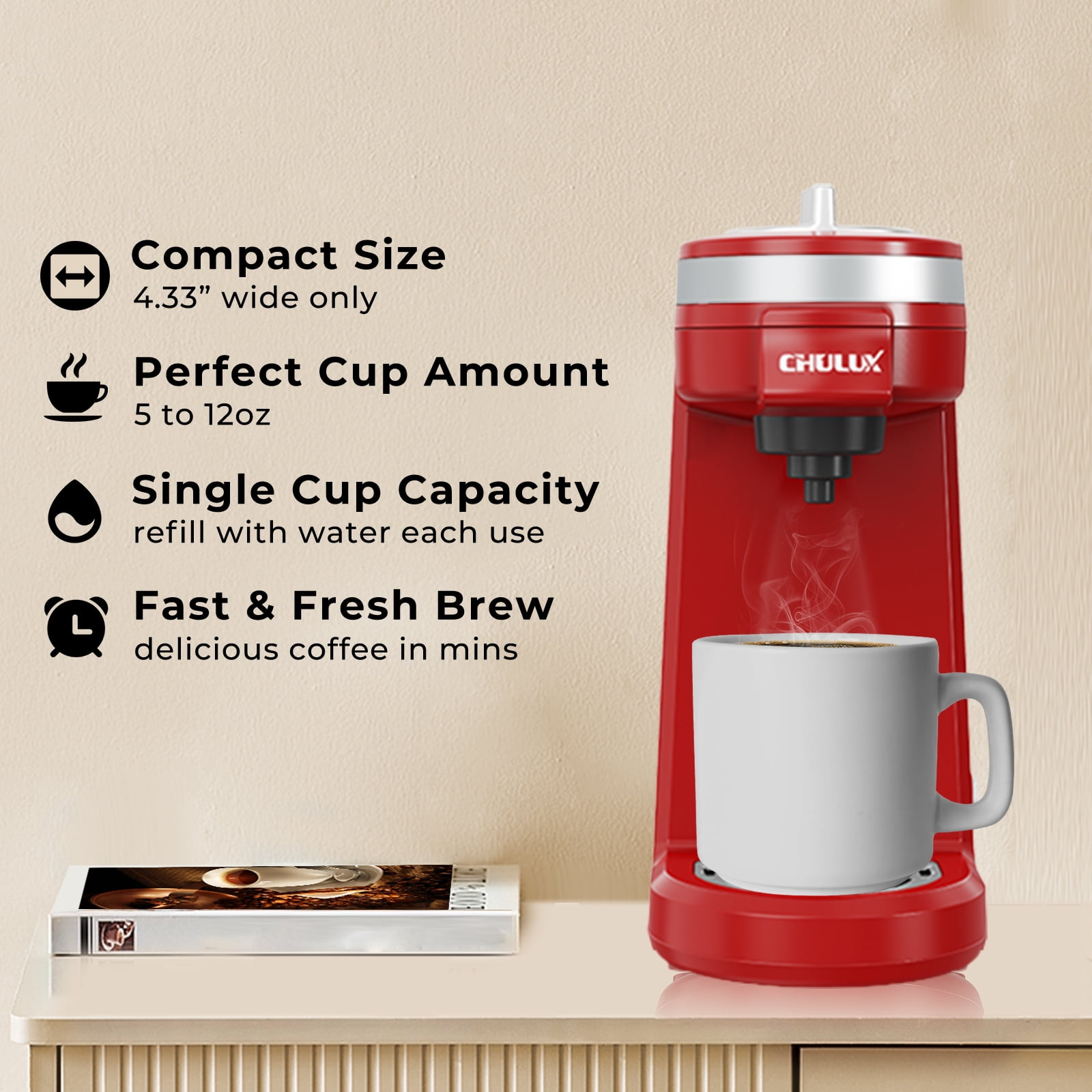 CHULUX Mini Single Serve Coffee Maker for K Pod & Ground Coffee,Travel One Cup Coffee Pot Machine, New