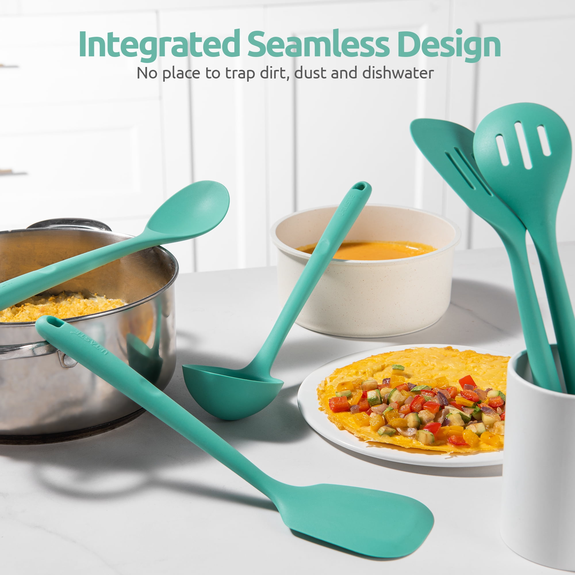 Silicone Kitchen Cooking Utensil Set: U-Taste 446°F Heat Resistant 13.6in Long Kitchen Gadget, BPA Free Non Stick Rubber Cook Accessories For Stir Fry, Serving, Basting, Mixing (5 Pieces, Aqua Sky)