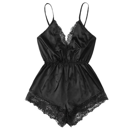 XMMSWDLA Lingerie for Women Lace Bodysuit Deep V-Neck Halter Sleepwear Lace Satin One Piece pajamas Lingerie corset Bodysuit Black