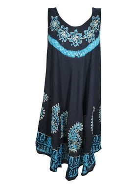 Mogul Womens Blue Batik Paisley Embroidered Summer CAFTAN Tank Dress Sleeveless Flare Lovely Beach Cover Up Dress L