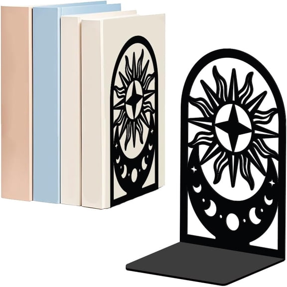 Moon Sun Metal Bookends for Shelves Decorative 1 Pair Heavy Duty Books End Support Non-Skid Book Holders Black L-Shaped Book Stopper for Home Office Desk Books Divider 4.7x3.5x7 Inch