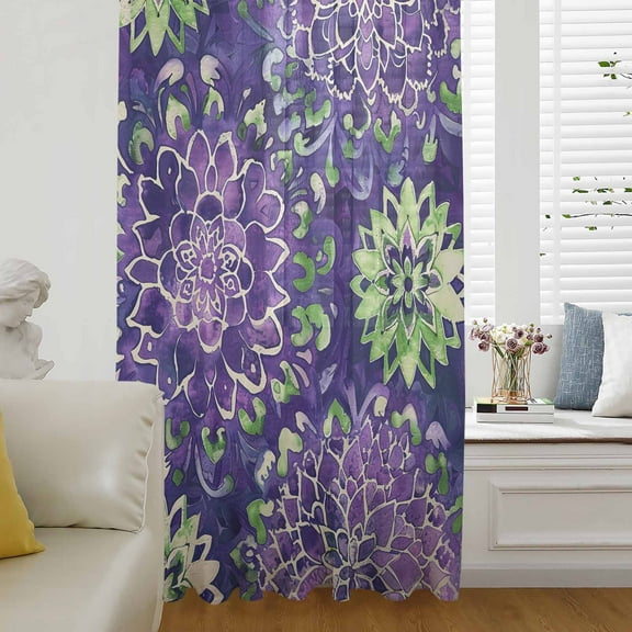 Purple Green Flowers Semi Sheer Curtains Drapes for Living Room, Bedroom, French Doors Window 96 Inches Long, Watercolor Vintage Botanical Rod Pocket Chiffon Curtain Drapery Voile Draperies Panel