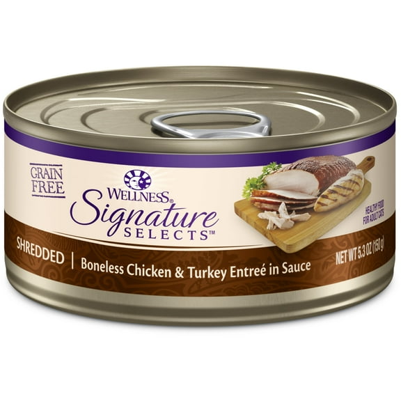 Wellness CORE Signature Selects Shredded Adult Wet Cat Food, Natural, Protein-Rich, Grain Free, 5.3 Ounce, 12 Pack (Chicken & Turkey)